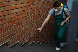 Exterior wall cleaning with biocide treatment removing moss and algae growth from building walls.