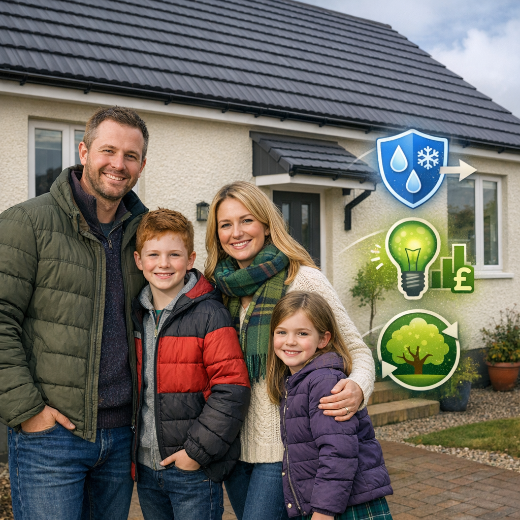 Scottish family outside a fully refurbished home with coated walls, roof and uPVC, with icons showing weather, energy and sustainability
